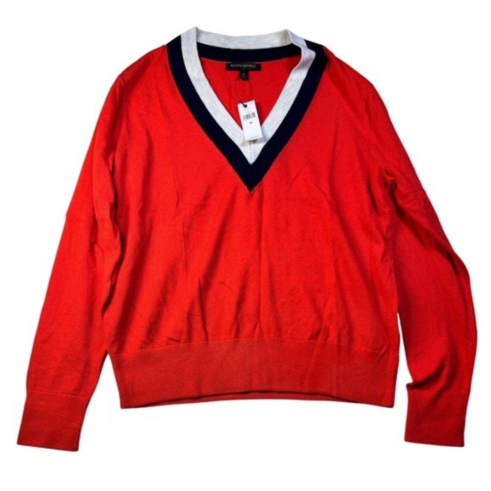 Banana Republic women V-Neck Sweater Red Navy White Trim Med‎ Preppy NWT sporty